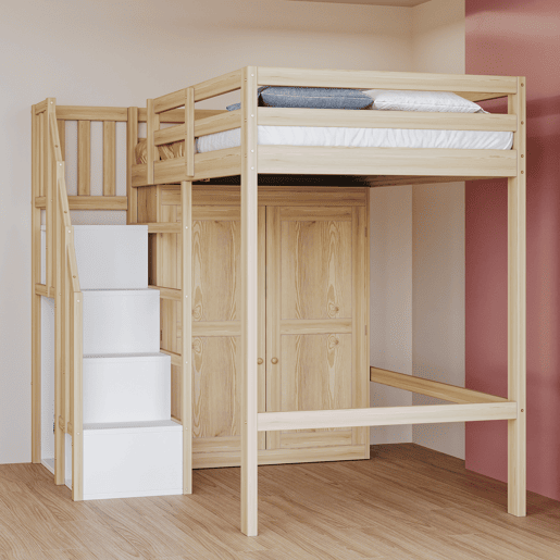 Cama alta 90x200 cm - Com escada de segurança, armário de arrumação - Cor madeira natural