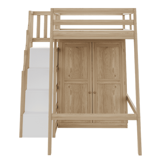 Cama alta 90x200 cm - Com escada de segurança, armário de arrumação - Cor madeira natural