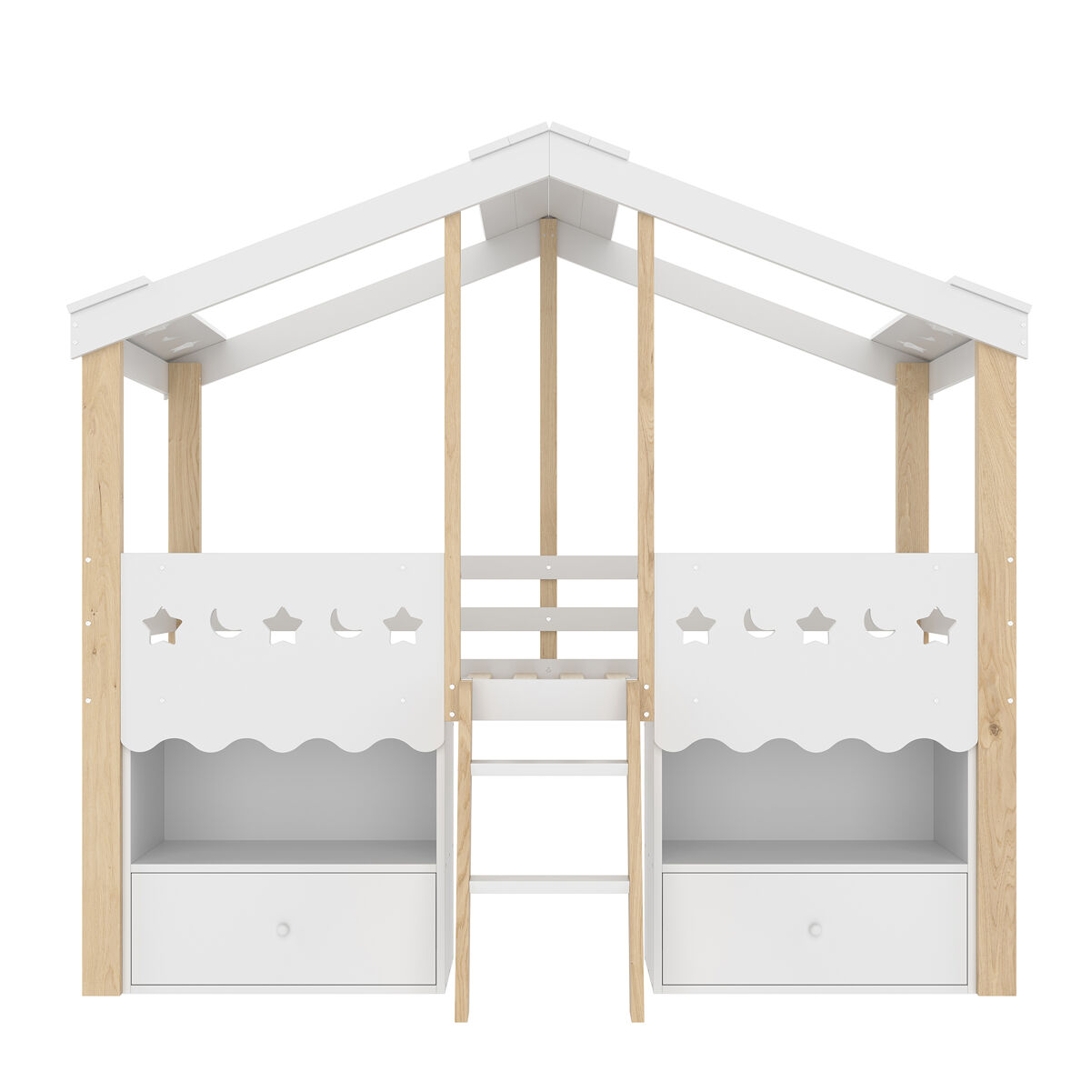 Cama semi alta 90x200 cm - casa, 2 cajones, luz led, sin colchón - blanco + natural