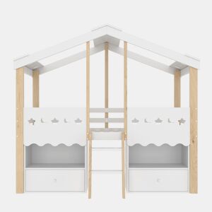 Cama semi-alta 90x200 cm - Casa, 2 gavetas, luz LED, sem colchão - Branco + Natural