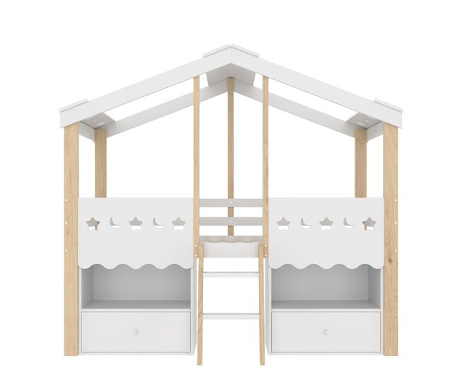 Cama semi alta 90x200 cm - casa, 2 cajones, luz led, sin colchón - blanco + natural