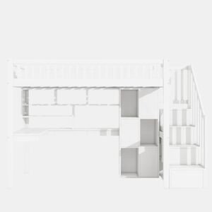 Cama alta 90x200 cm - Com luzes LED, prateleiras, secretária, sem colchão - Branco