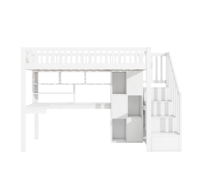 Cama alta 90x200 cm - con luces led, estanterías, escritorio, sin colchón - blanco