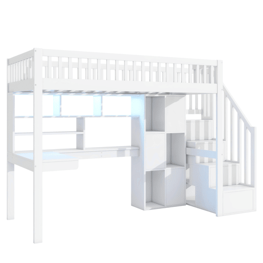 Cama alta 90x200 cm - Com luzes LED, prateleiras, secretária, sem colchão - Branco