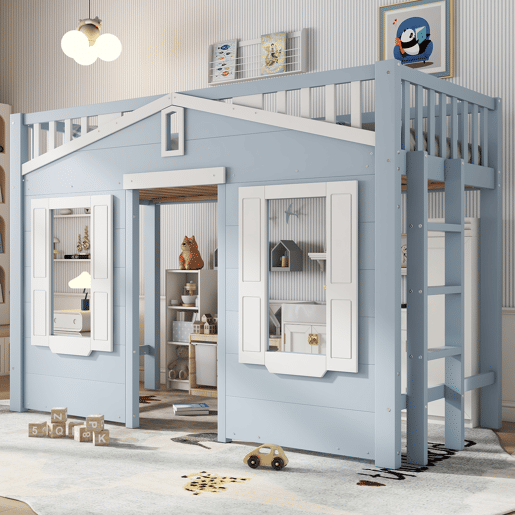 Cama loft 90x200cm - Espaço flexível, janela decorativa, escada segura - Azul Cama loft 90x200cm - Espaço flexível, janela decorativa, escada segura - Azul
