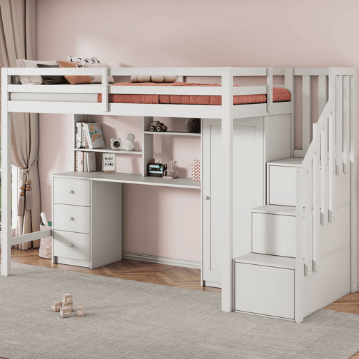 Beliche infantil 90x200 cm - com secretária, armário, escada, gavetas, branco