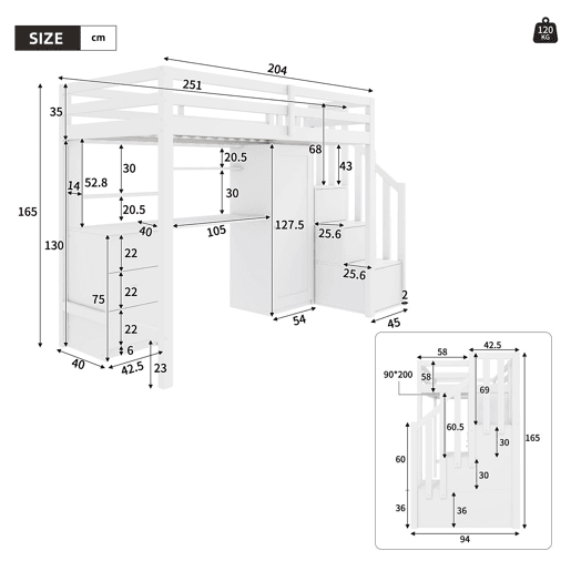 Beliche infantil 90x200 cm - com secretária, armário, escada, gavetas, branco