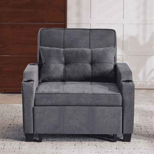 Sofá-cama de 1 lugar - 3 em 1, com porta-copos e porta USB, sofá reclinável e poltrona - Cinza escuro