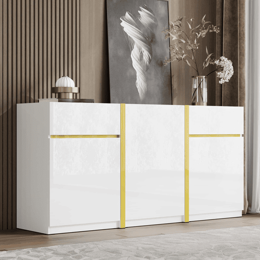 Aparador grande - três portas e duas gavetas, lacado brilhante, moderno e minimalista - branco