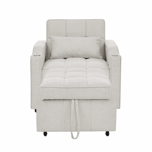 Poltrona-cama de 1 lugar - Função de cama, USBType-C, porta-copos em aço inoxidável, encosto ajustável em 3 níveis, bolsos laterais - Bege