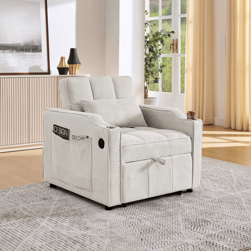 Poltrona-cama de 1 lugar - Função de cama, USBType-C, porta-copos em aço inoxidável, encosto ajustável em 3 níveis, bolsos laterais - Bege