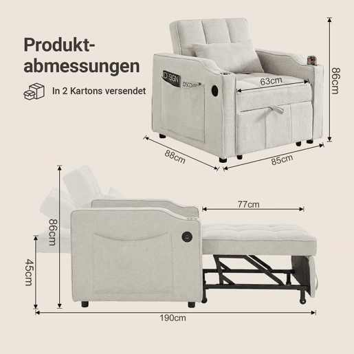 Poltrona-cama de 1 lugar - Função de cama, USBType-C, porta-copos em aço inoxidável, encosto ajustável em 3 níveis, bolsos laterais - Bege