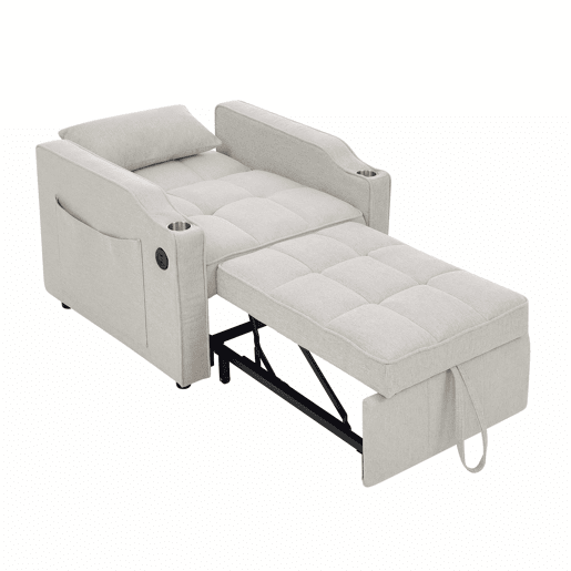 Poltrona-cama de 1 lugar - Função de cama, USBType-C, porta-copos em aço inoxidável, encosto ajustável em 3 níveis, bolsos laterais - Bege