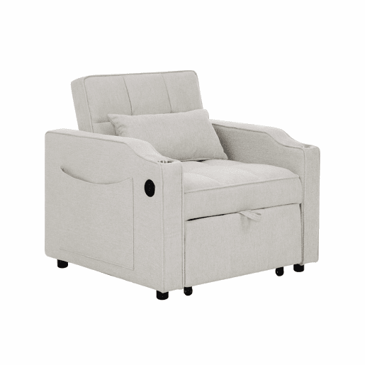Poltrona-cama de 1 lugar - Função de cama, USBType-C, porta-copos em aço inoxidável, encosto ajustável em 3 níveis, bolsos laterais - Bege
