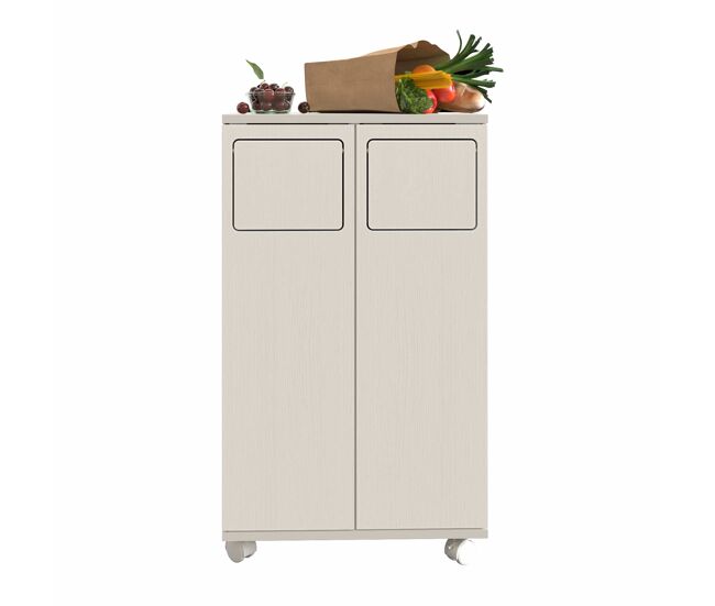 Armario de basura 46,7x35x80cm - 2 compartimentos, con ruedas, estilo madera clara, 2 puertas, separación de residuos - blanco