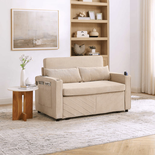 Sofá-cama de 2 lugares 3 em 1 - Design minimalista e elegante, mecanismo deslizante, porta USB, perfeito para sestas - Bege