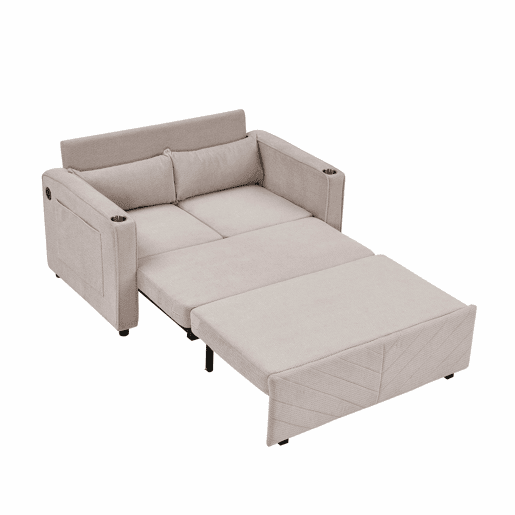 Sofá-cama de 2 lugares 3 em 1 - Design minimalista e elegante, mecanismo deslizante, porta USB, perfeito para sestas - Bege