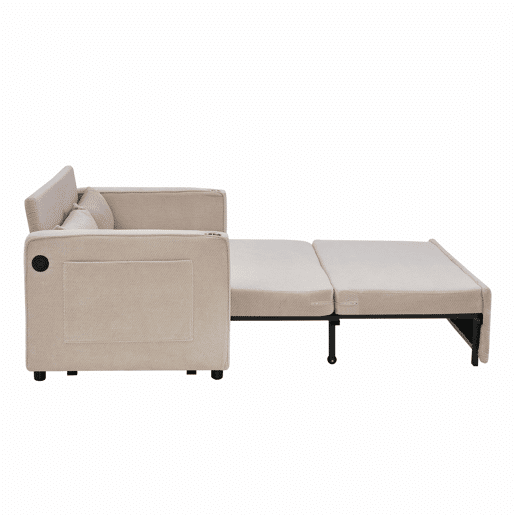 Sofá-cama de 2 lugares 3 em 1 - Design minimalista e elegante, mecanismo deslizante, porta USB, perfeito para sestas - Bege
