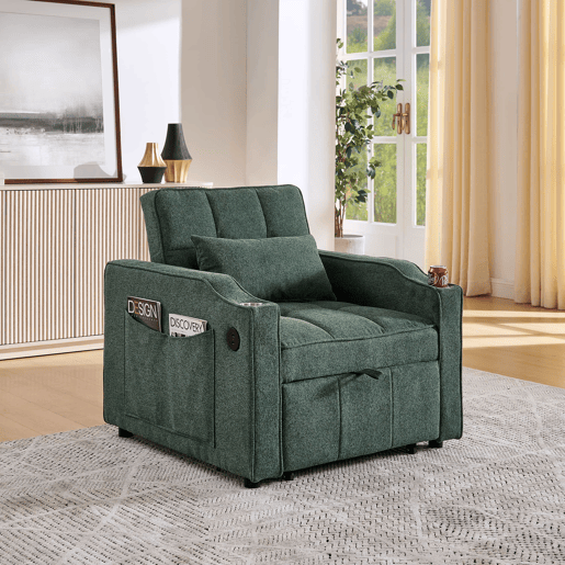 Sofá-cama de 1 lugar - Estilo minimalista de luxo 3 em 1, design deslizante, porta USB, perfeito para descansar - Verde