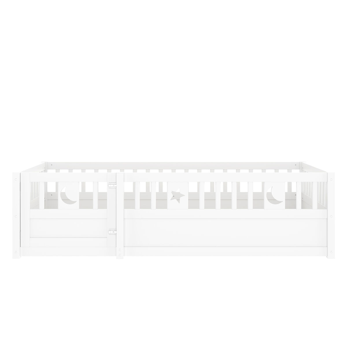 Cama infantil, 90x190 cm - con rejilla, decoración de estrella y luna, estilo minimalista, blanco