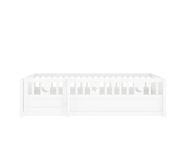 Cama infantil, 90x190 cm - con rejilla, decoración de estrella y luna, estilo minimalista, blanco