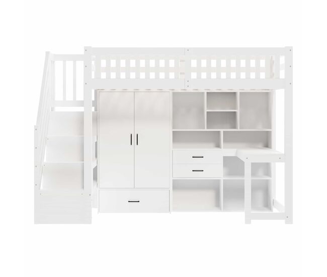 Cama alta 90x200 cm - escalera de almacenamiento, armario, escritorio, cajones, estantes - blanco