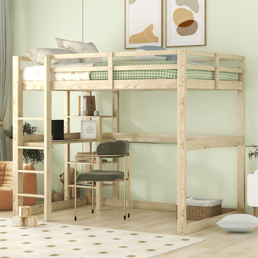 Cama alta infantil 140x200 cm - Estrutura com arrumação, 4 prateleiras e secretária - Natural