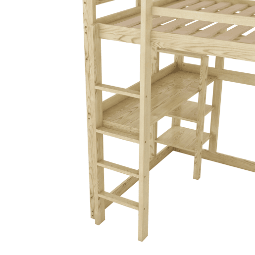 Cama alta infantil 140x200 cm - Estrutura com arrumação, 4 prateleiras e secretária - Natural