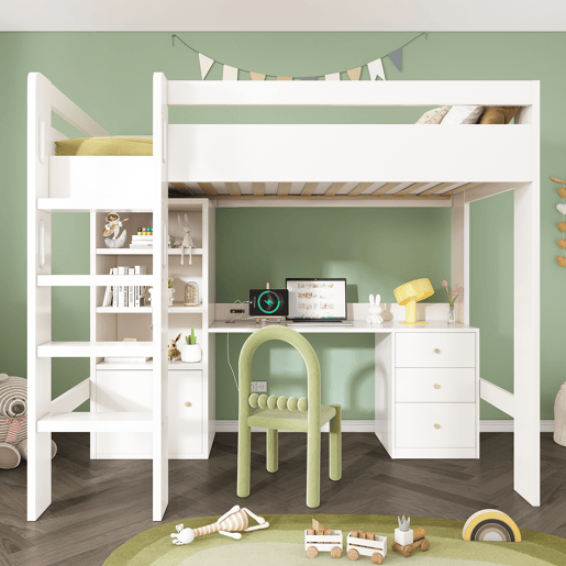 Cama infantil loft 90x200 - com secretária USB-C, armário, gaveteiro, escada, estrado e arrumação - sem colchão