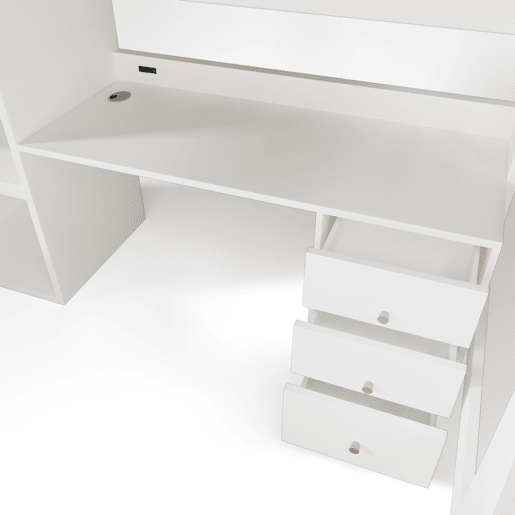 Cama infantil loft 90x200 - com secretária USB-C, armário, gaveteiro, escada, estrado e arrumação - sem colchão