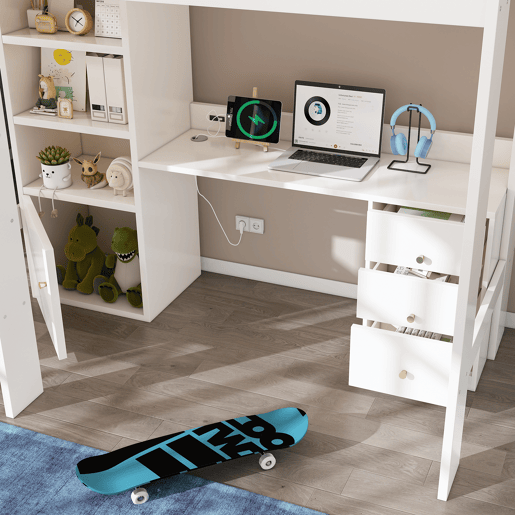 Cama infantil loft 90x200 - com secretária USB-C, armário, gaveteiro, escada, estrado e arrumação - sem colchão
