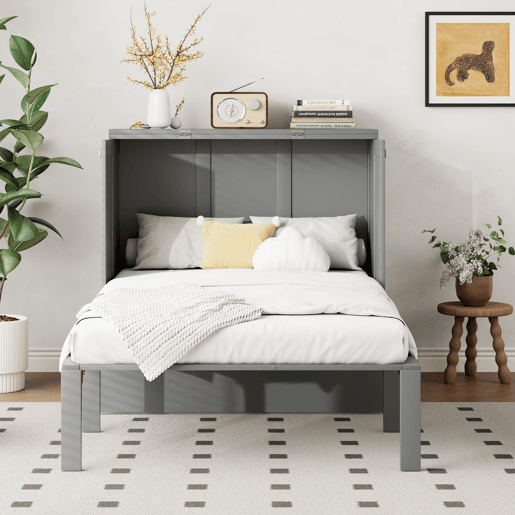 Cama rebatível 90x200 cm - Cama de parede com estrado, cama vertical, para jovens - Cinza