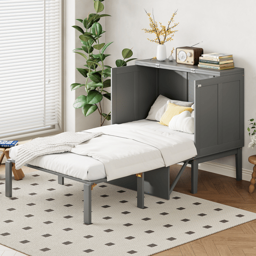 Cama rebatível 90x200 cm - Cama de parede com estrado, cama vertical, para jovens - Cinza