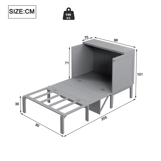 Cama rebatível 90x200 cm - Cama de parede com estrado, cama vertical, para jovens - Cinza