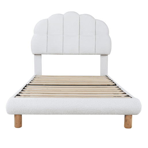 Cama de solteiro para criança 90x200cm estofada em tecido felpudo francês - cabeceira em forma de marshmallow - com estrado de ripas em MDF - Branco