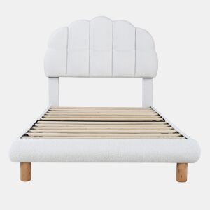 Cama de solteiro para criança 90x200cm estofada em tecido felpudo francês - cabeceira em forma de marshmallow - com estrado de ripas em MDF - Branco