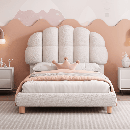 Cama de solteiro para criança 90x200cm estofada em tecido felpudo francês - cabeceira em forma de marshmallow - com estrado de ripas em MDF - Branco