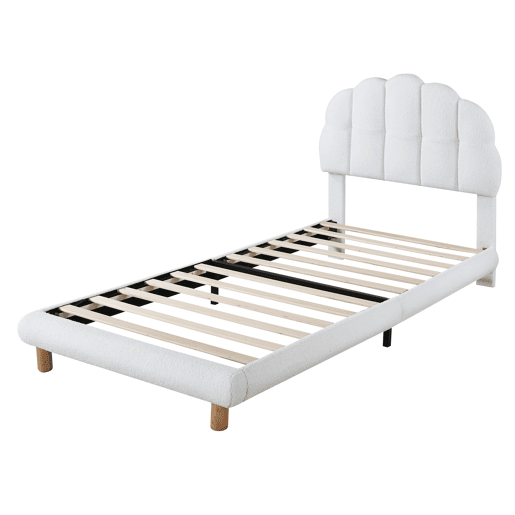 Cama de solteiro para criança 90x200cm estofada em tecido felpudo francês - cabeceira em forma de marshmallow - com estrado de ripas em MDF - Branco