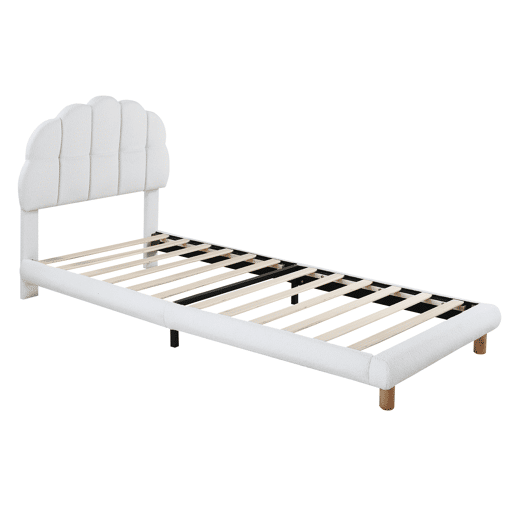 Cama de solteiro para criança 90x200cm estofada em tecido felpudo francês - cabeceira em forma de marshmallow - com estrado de ripas em MDF - Branco