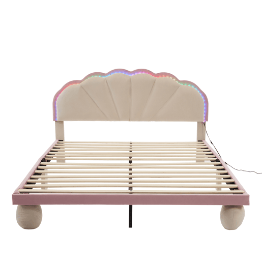 Cama estofada 140x200cm - Cama juvenil com luzes LED multicoloridas, cabeceira com design ondulado, pés redondos acolchoados - Bege+Rosa