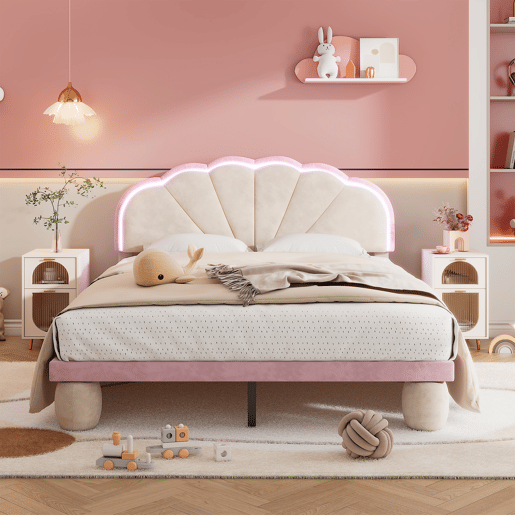 Cama estofada 140x200cm - Cama juvenil com luzes LED multicoloridas, cabeceira com design ondulado, pés redondos acolchoados - Bege+Rosa