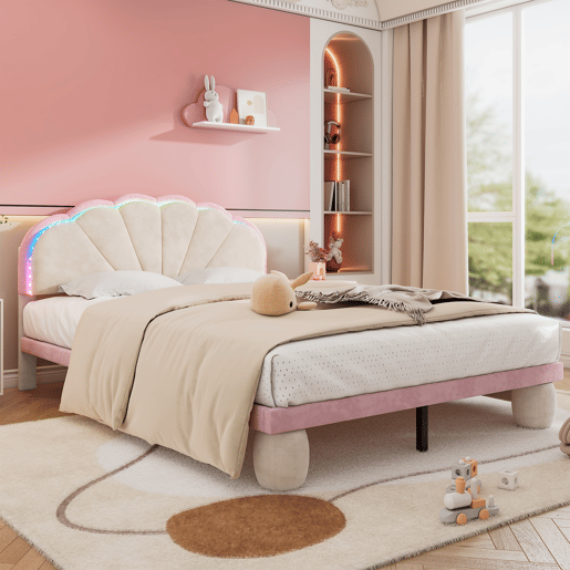 Cama estofada 140x200cm - Cama juvenil com luzes LED multicoloridas, cabeceira com design ondulado, pés redondos acolchoados - Bege+Rosa