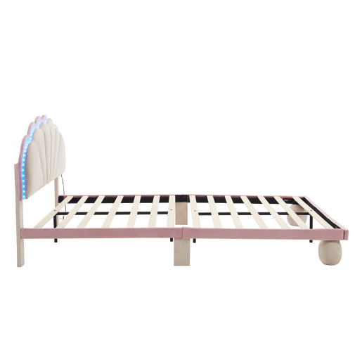 Cama estofada 140x200cm - Cama juvenil com luzes LED multicoloridas, cabeceira com design ondulado, pés redondos acolchoados - Bege+Rosa