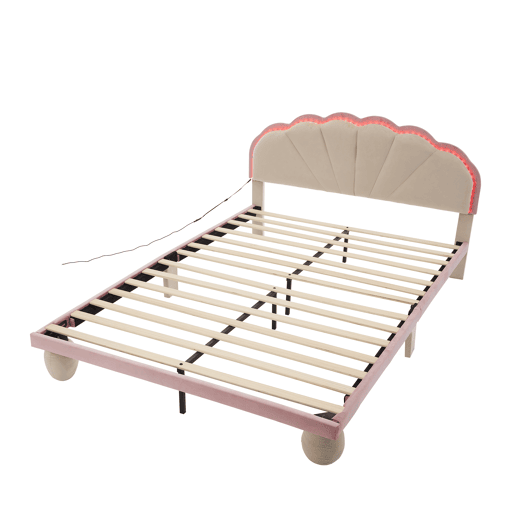 Cama estofada 140x200cm - Cama juvenil com luzes LED multicoloridas, cabeceira com design ondulado, pés redondos acolchoados - Bege+Rosa