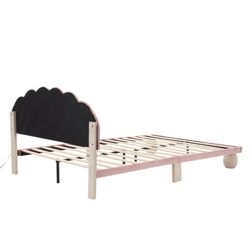 Cama estofada 140x200cm - Cama juvenil com luzes LED multicoloridas, cabeceira com design ondulado, pés redondos acolchoados - Bege+Rosa