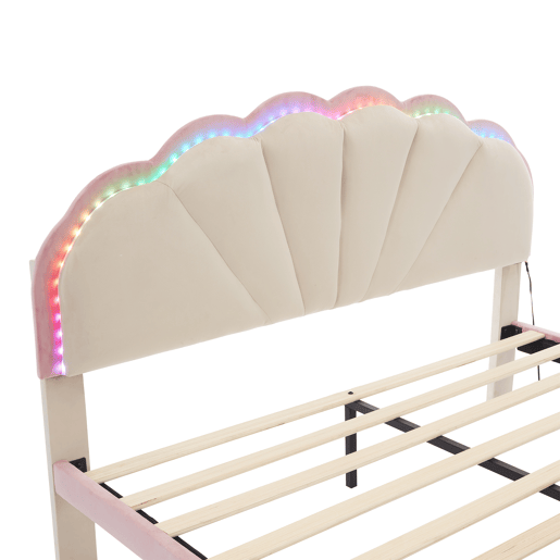 Cama estofada 140x200cm - Cama juvenil com luzes LED multicoloridas, cabeceira com design ondulado, pés redondos acolchoados - Bege+Rosa