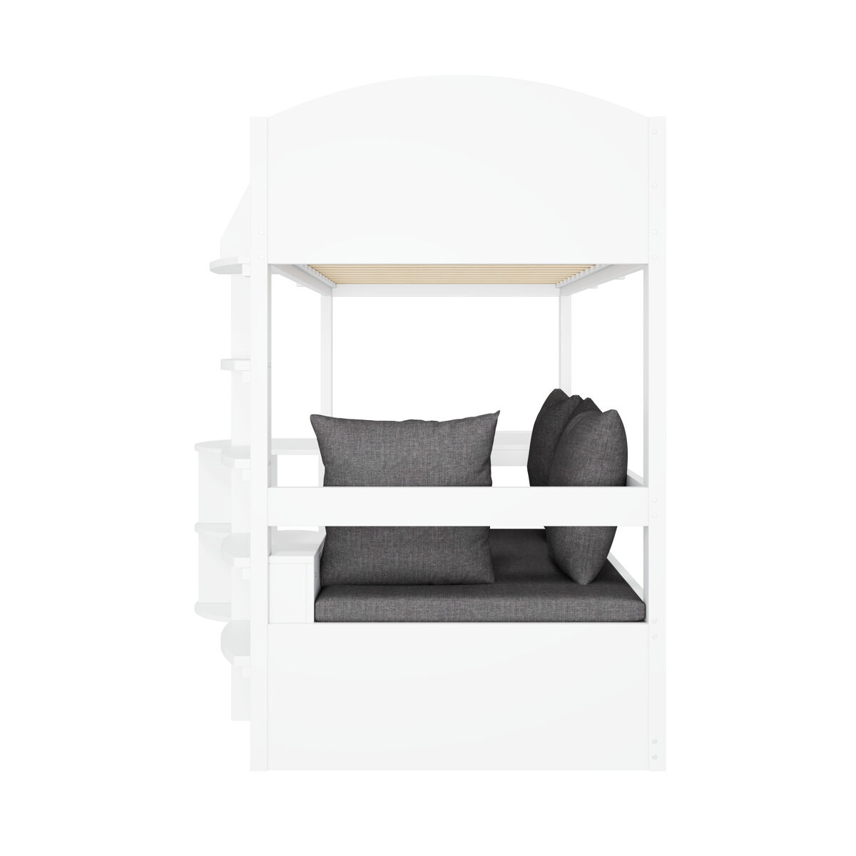 Cama alta infantil 90x200 - multifuncional con escalera, mesa extraíble, sofá con almacenamiento, estantes, cojines - blanca