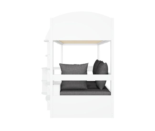 Cama alta infantil 90x200 - multifuncional con escalera, mesa extraíble, sofá con almacenamiento, estantes, cojines - blanca