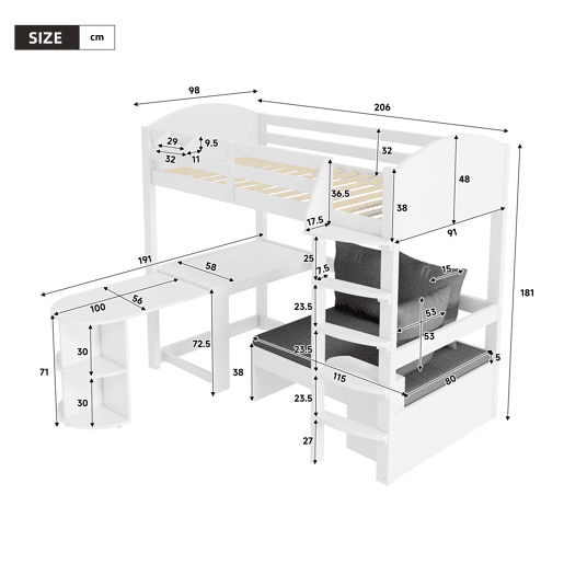 Cama alta infantil 90x200 - Multifuncional com escada, mesa removível, sofá com arrumação, prateleiras, almofadas - Branca