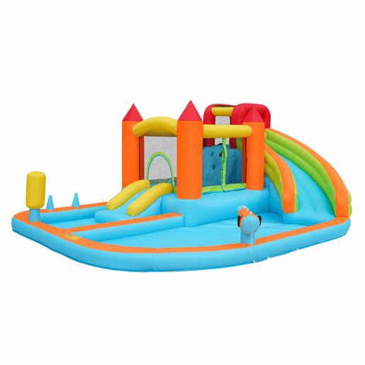 Castelo insuflável com 2 piscinas - Com ventilador, escorrega aquático + trampolim + aro de basquetebol + pistola de água, uso seco e molhado